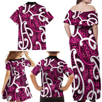 Aotearoa Maori Kowhaiwhai Family Matching Off Shoulder Maxi Dress and Hawaiian Shirt Mawhero Puhoro and Patiki