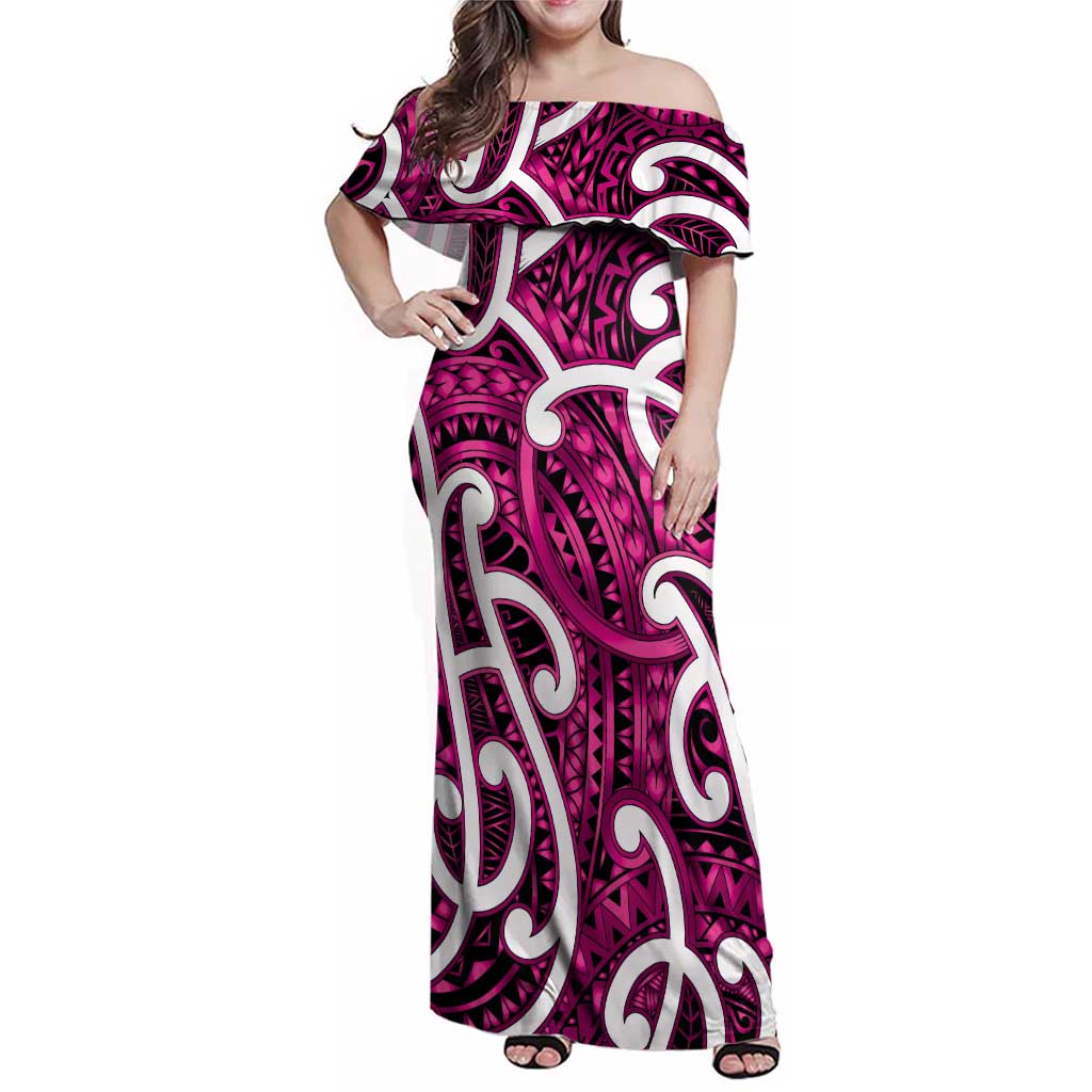 Aotearoa Maori Kowhaiwhai Family Matching Off Shoulder Maxi Dress and Hawaiian Shirt Mawhero Puhoro and Patiki