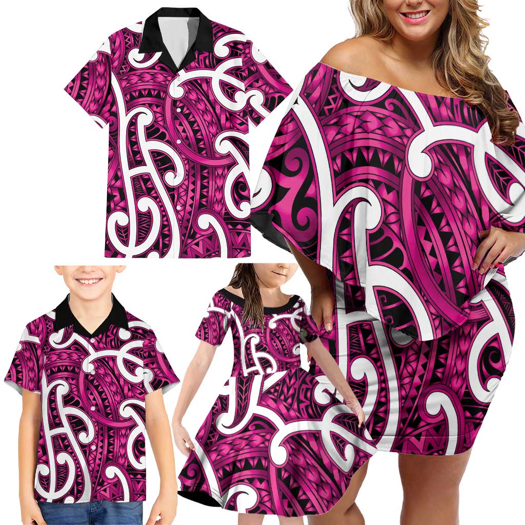 Aotearoa Maori Kowhaiwhai Family Matching Off Shoulder Short Dress and Hawaiian Shirt Mawhero Puhoro and Patiki