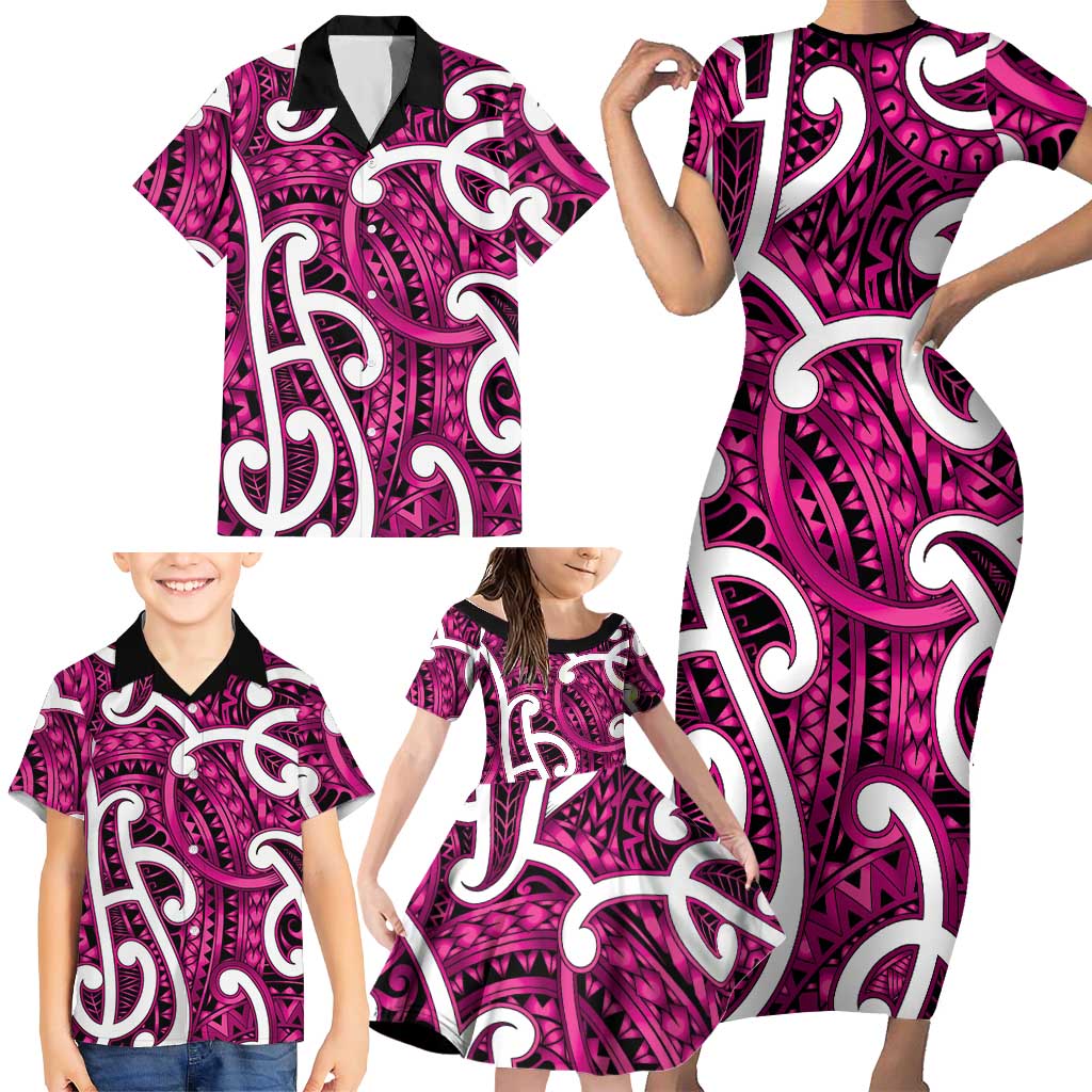 Aotearoa Maori Kowhaiwhai Family Matching Short Sleeve Bodycon Dress and Hawaiian Shirt Mawhero Puhoro and Patiki