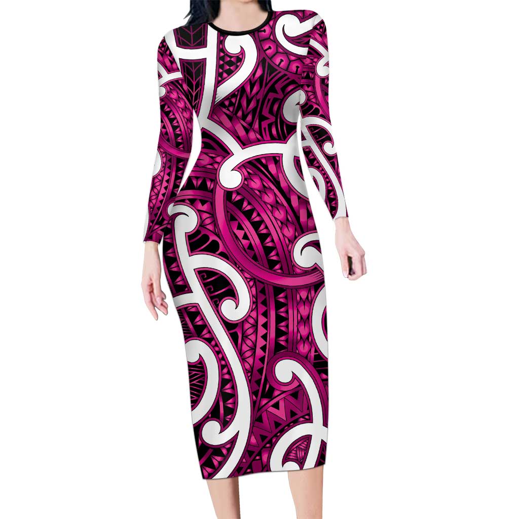 Aotearoa Maori Kowhaiwhai Long Sleeve Bodycon Dress Mawhero Puhoro and Patiki