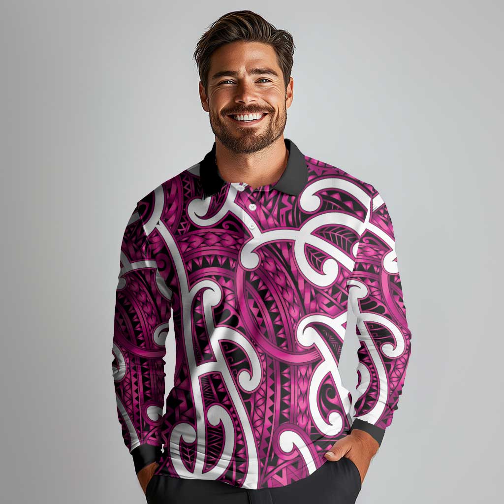 Aotearoa Maori Kowhaiwhai Long Sleeve Polo Shirt Mawhero Puhoro and Patiki