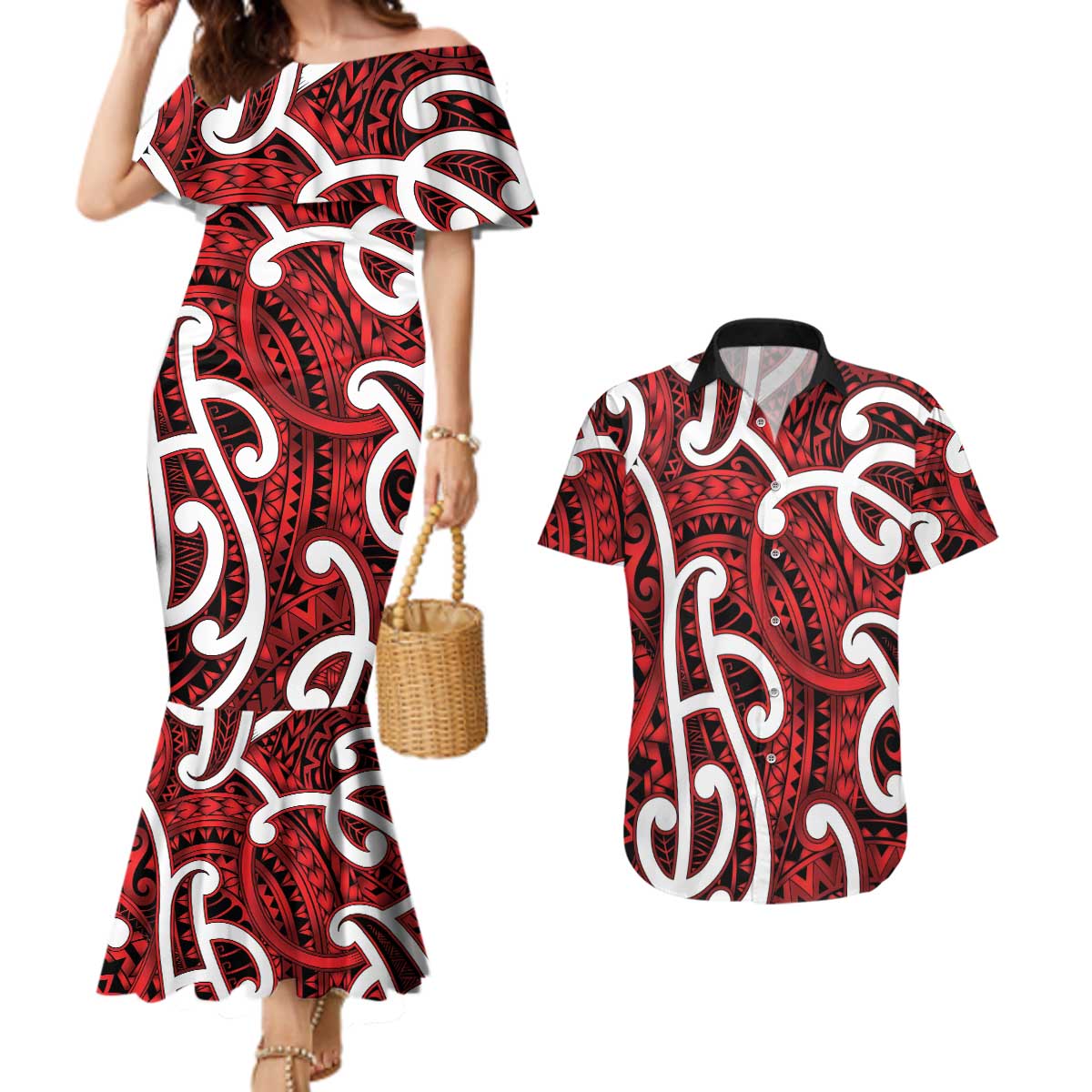 Aotearoa Maori Kowhaiwhai Couples Matching Mermaid Dress and Hawaiian Shirt Whero Puhoro and Patiki