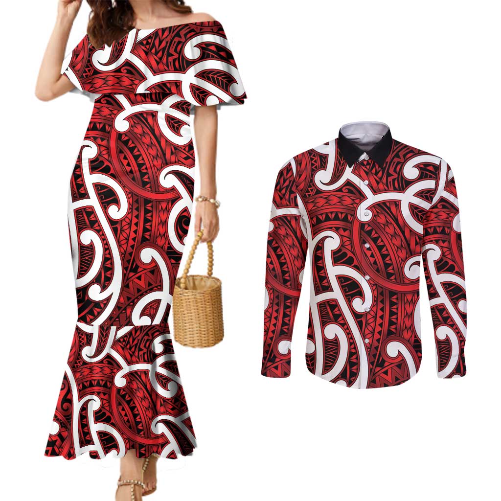 Aotearoa Maori Kowhaiwhai Couples Matching Mermaid Dress and Long Sleeve Button Shirt Whero Puhoro and Patiki
