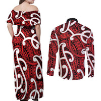New Zealand Couples Matching Off The Shoulder Long Sleeve Dress and Long Sleeve Button Shirts Aotearoa Maori Kiwi Black Fern LT01