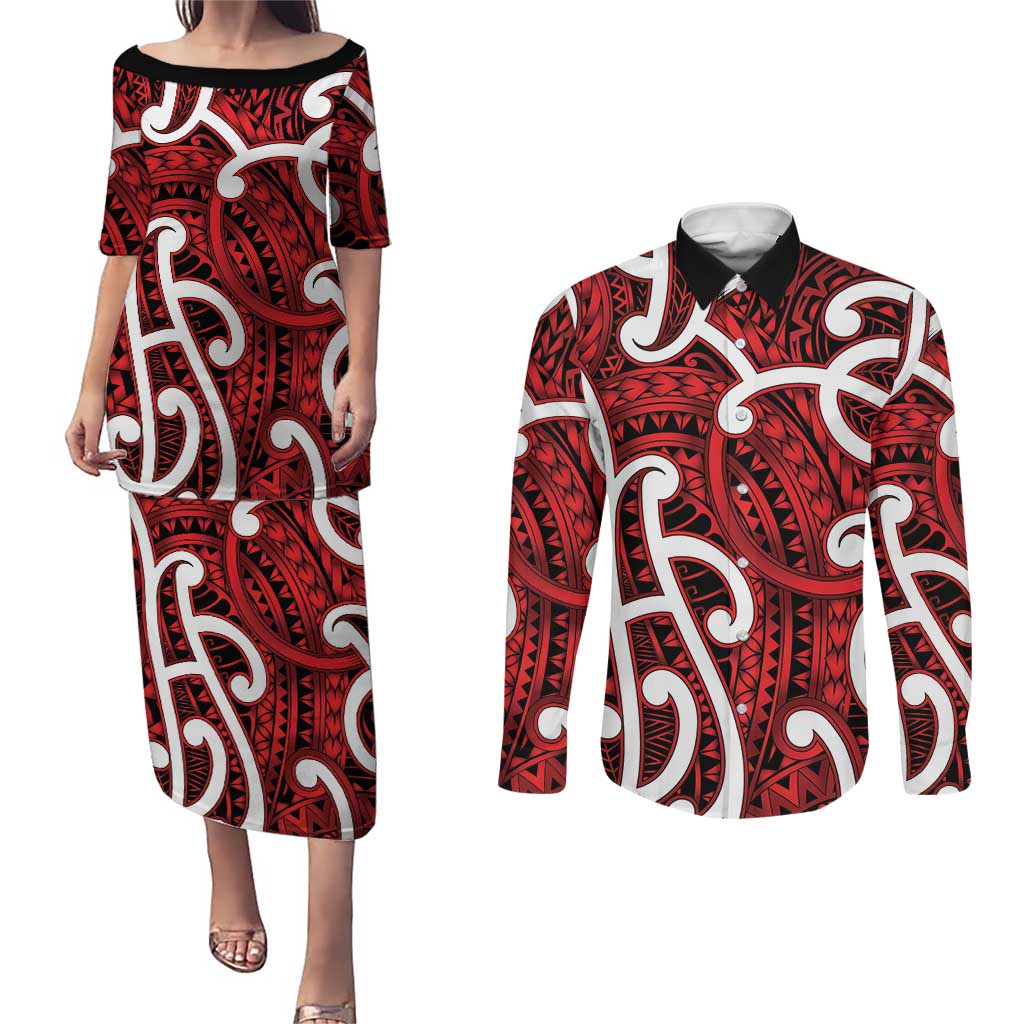 Aotearoa Maori Kowhaiwhai Couples Matching Puletasi and Long Sleeve Button Shirt Whero Puhoro and Patiki