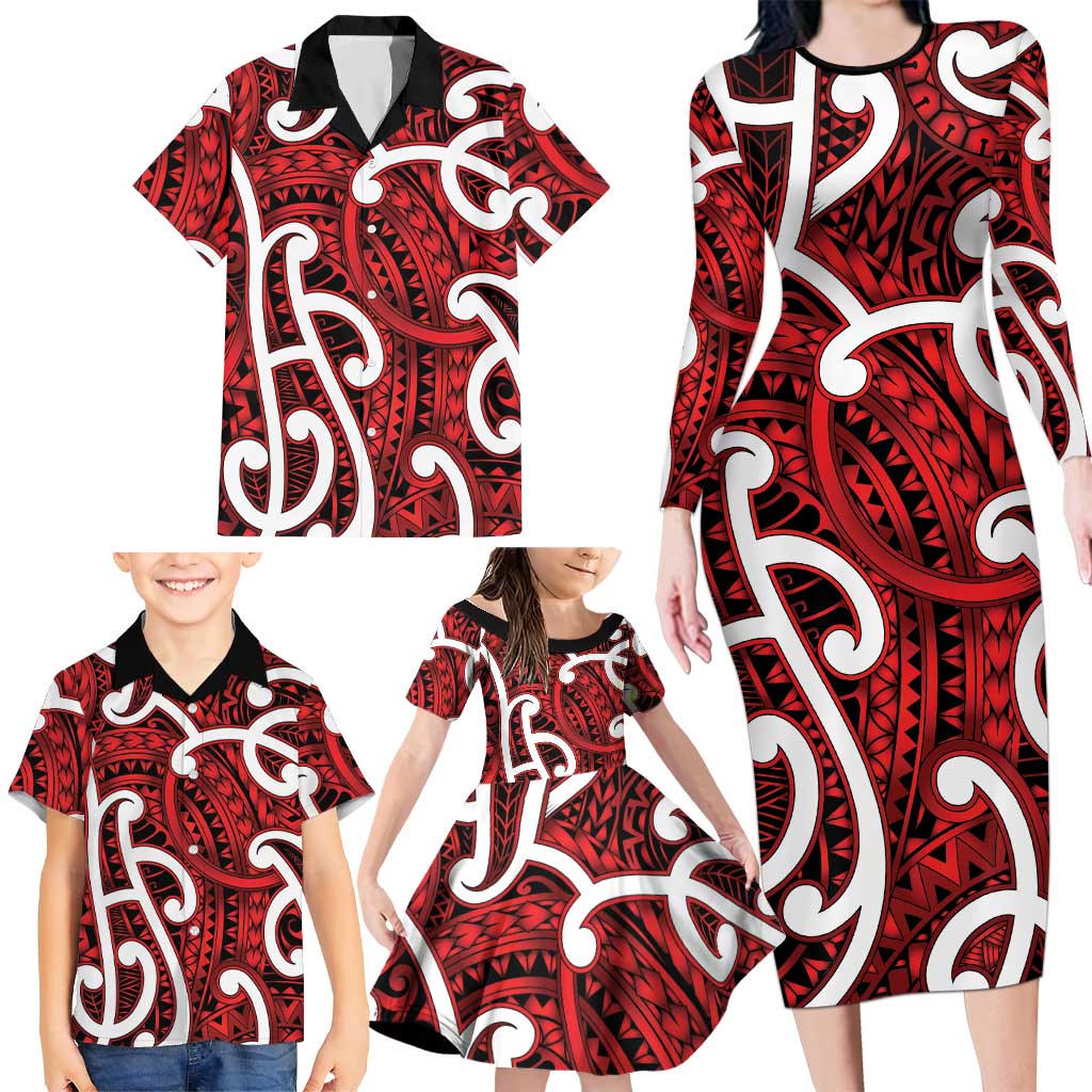 Aotearoa Maori Kowhaiwhai Family Matching Long Sleeve Bodycon Dress and Hawaiian Shirt Whero Puhoro and Patiki