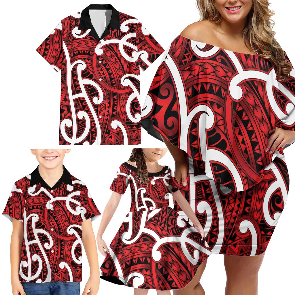 Aotearoa Maori Kowhaiwhai Family Matching Off Shoulder Short Dress and Hawaiian Shirt Whero Puhoro and Patiki