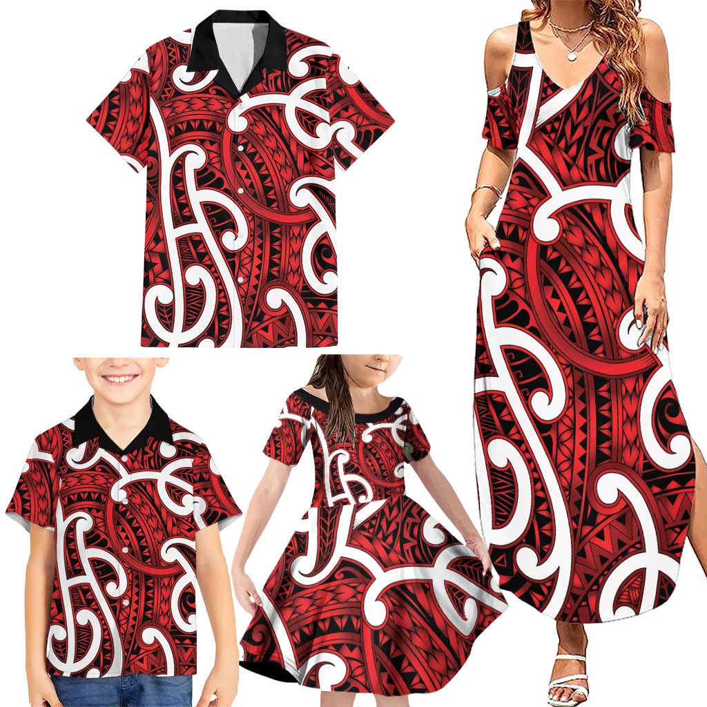 Aotearoa Maori Kowhaiwhai Family Matching Summer Maxi Dress and Hawaiian Shirt Whero Puhoro and Patiki