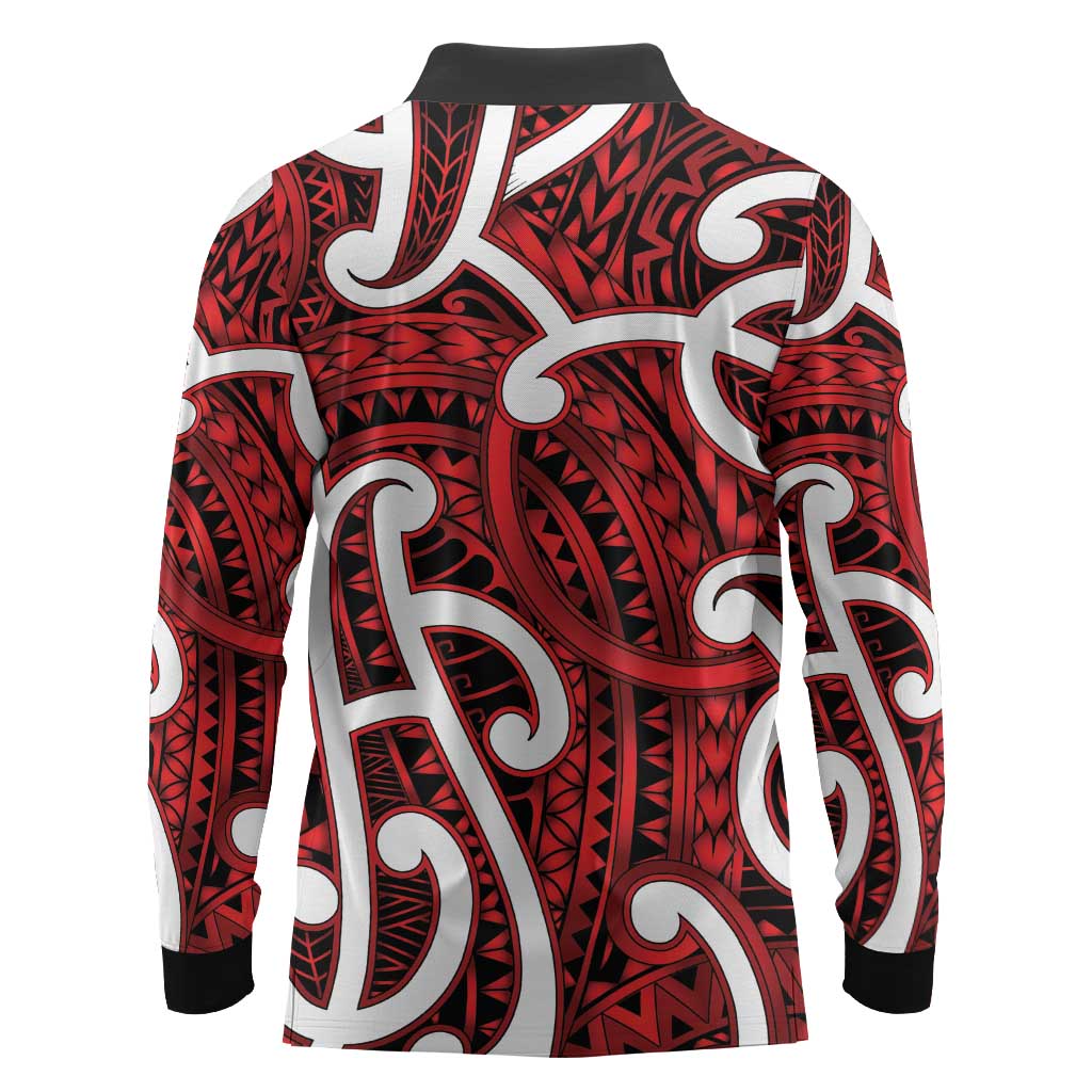 Aotearoa Maori Kowhaiwhai Long Sleeve Polo Shirt Whero Puhoro and Patiki