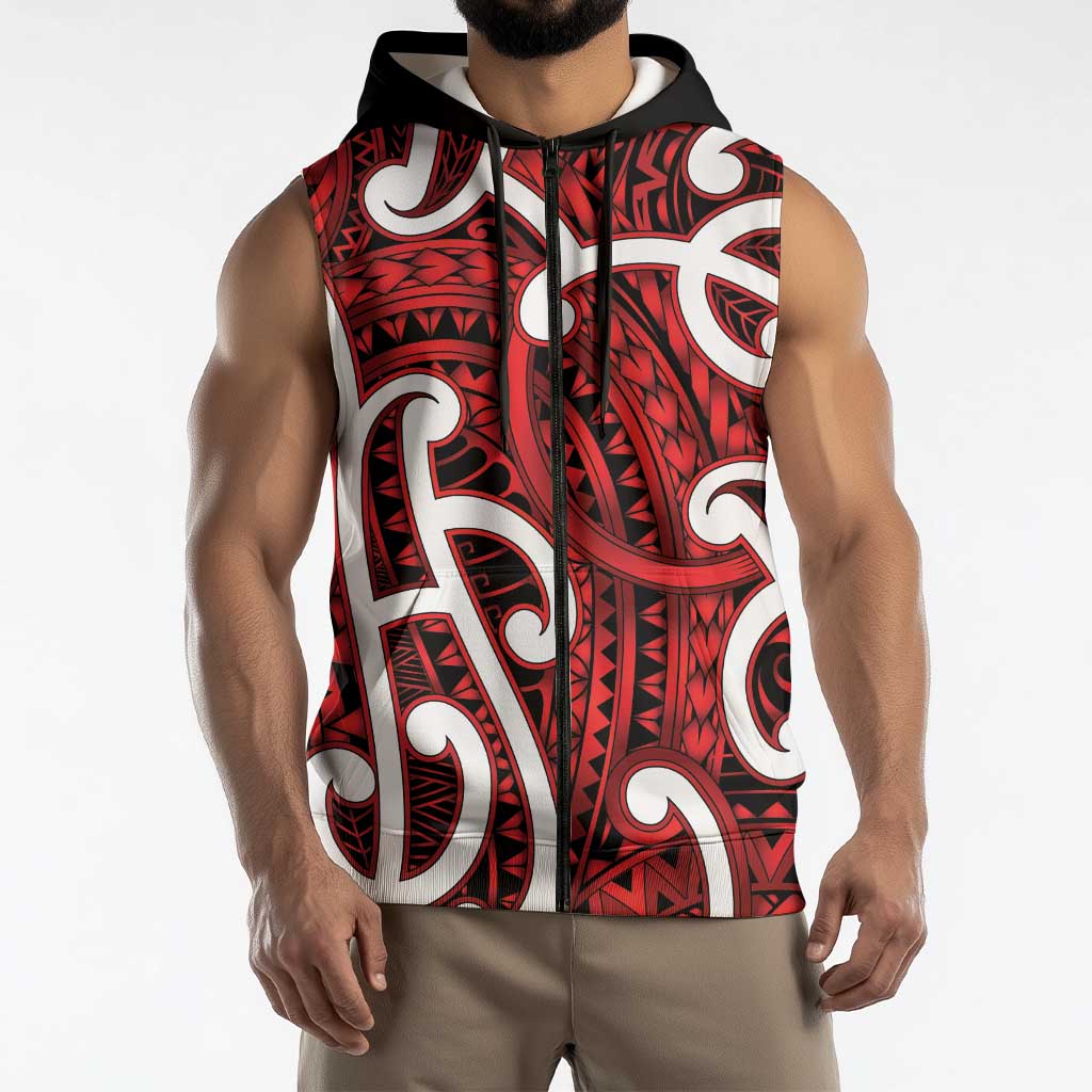 Aotearoa Maori Kowhaiwhai Sleeveless Zip Hoodie Whero Puhoro and Patiki