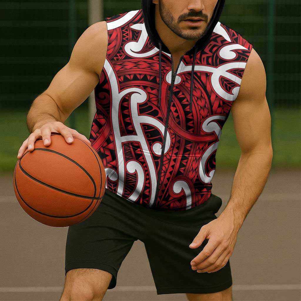 Aotearoa Maori Kowhaiwhai Sleeveless Zip Hoodie Whero Puhoro and Patiki