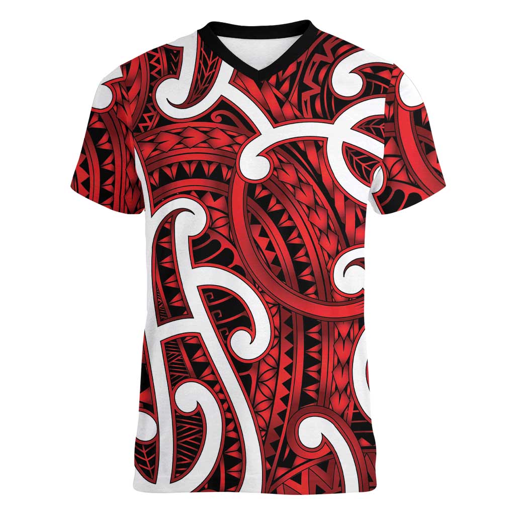 Aotearoa Maori Kowhaiwhai Women V-Neck T-Shirt Whero Puhoro and Patiki