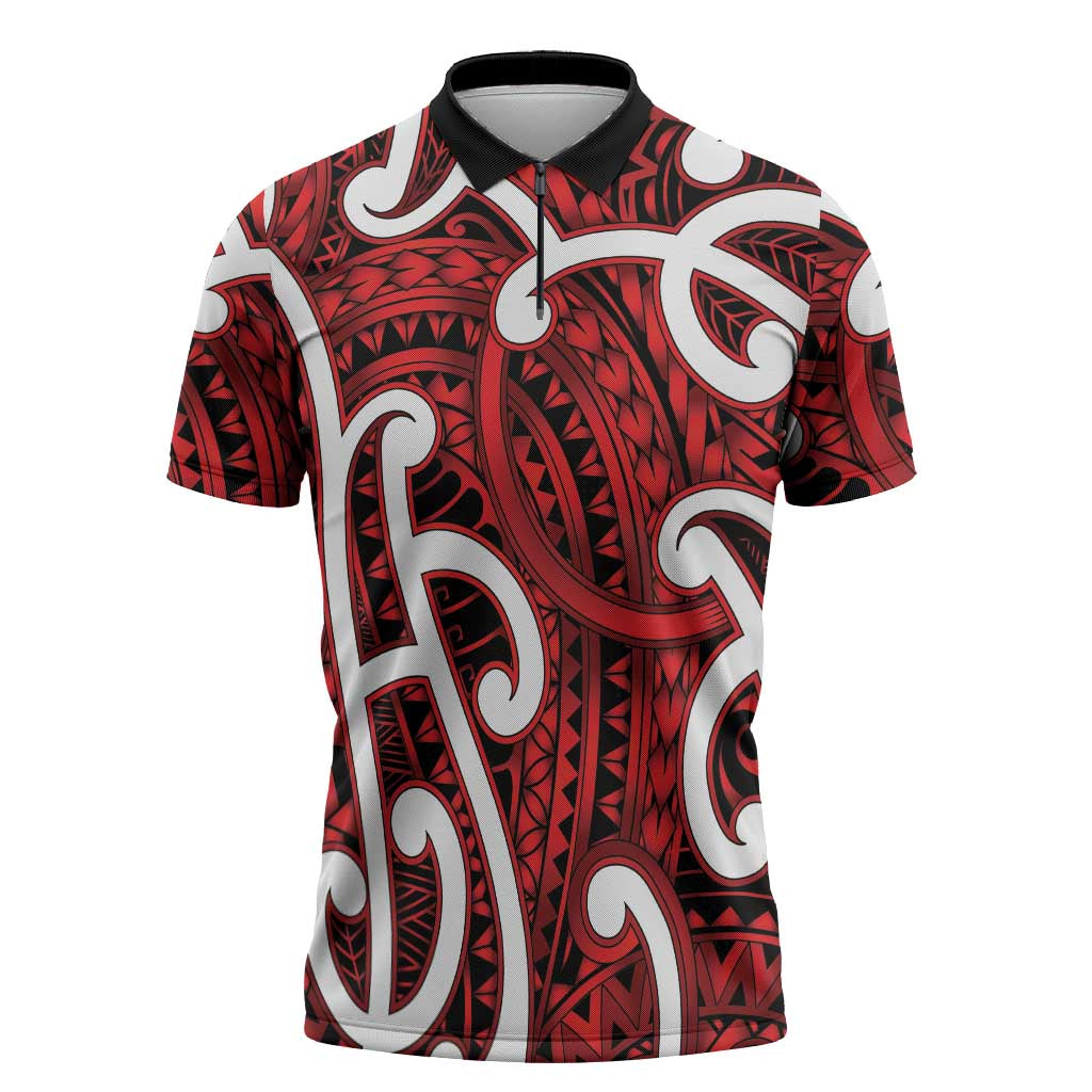 Aotearoa Maori Kowhaiwhai Zipper Polo Shirt Whero Puhoro and Patiki