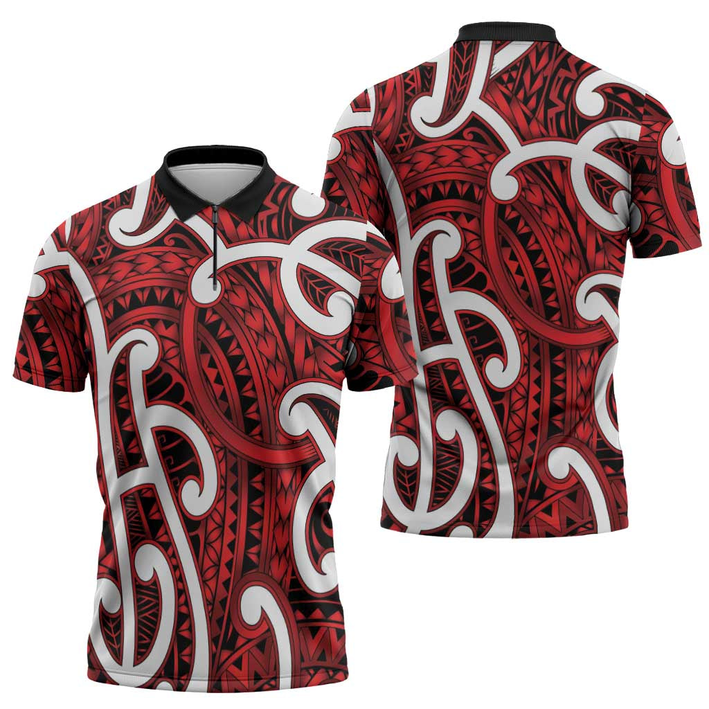Aotearoa Maori Kowhaiwhai Zipper Polo Shirt Whero Puhoro and Patiki