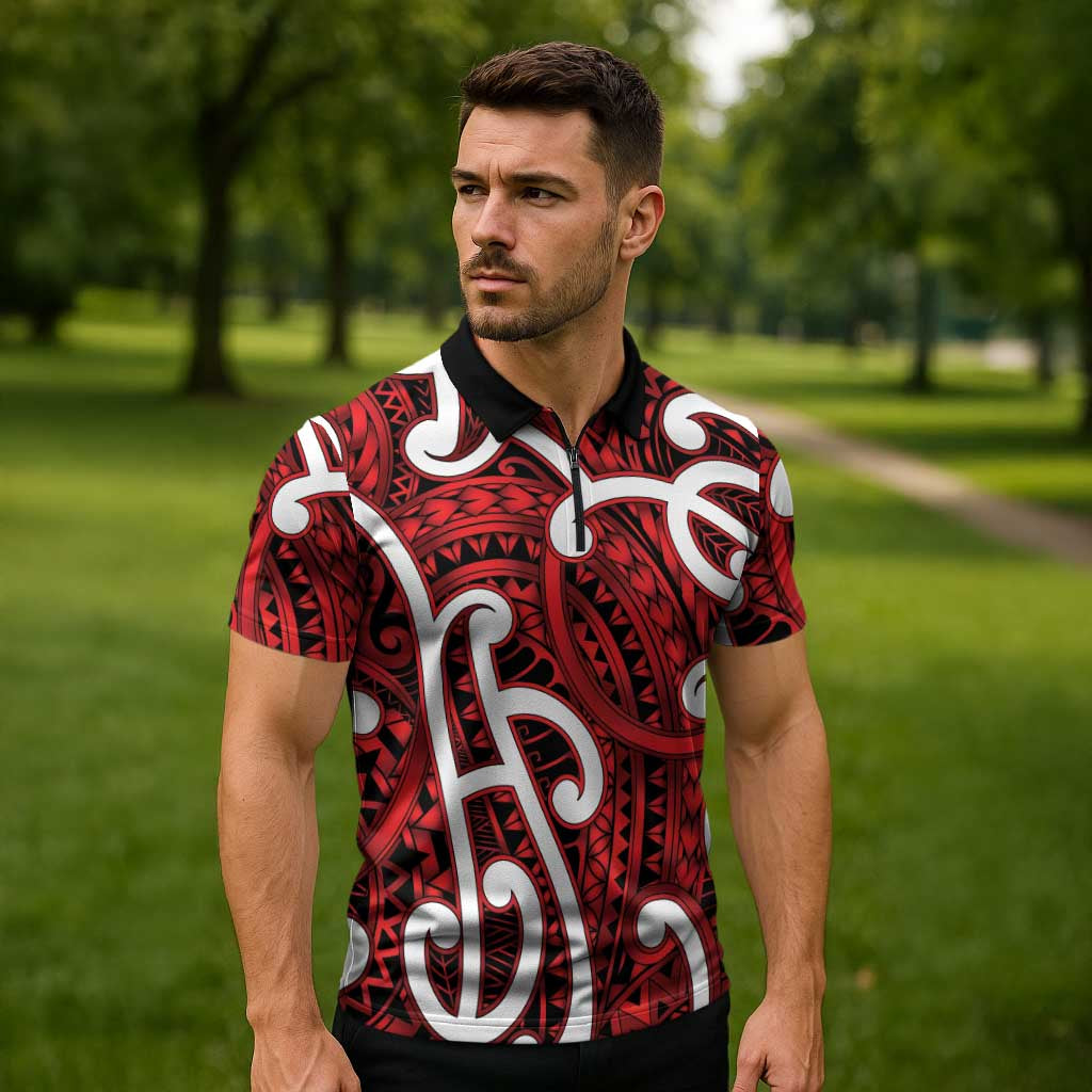 Aotearoa Maori Kowhaiwhai Zipper Polo Shirt Whero Puhoro and Patiki