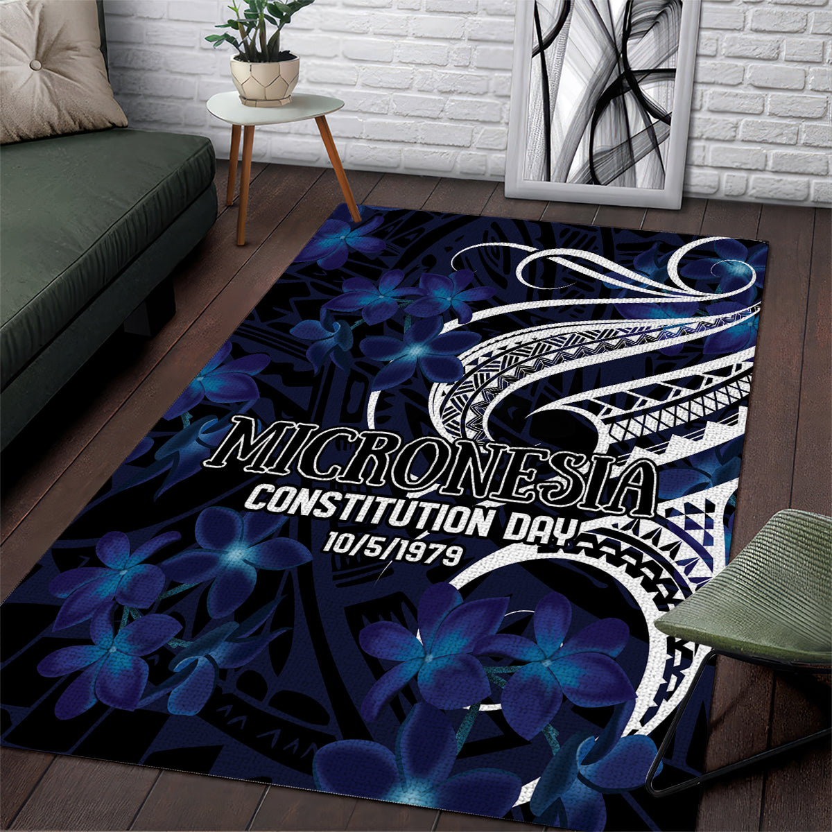 Micronesia Constitution Day Area Rug Since 1979 with Polynesian Hibiscus Pattern