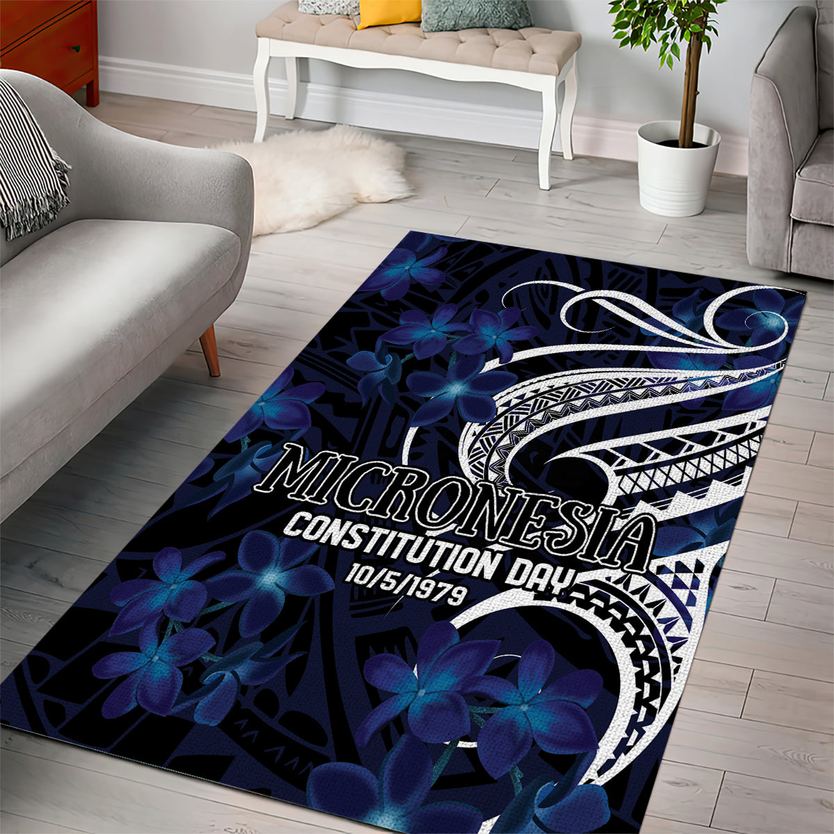 Micronesia Constitution Day Area Rug Since 1979 with Polynesian Hibiscus Pattern