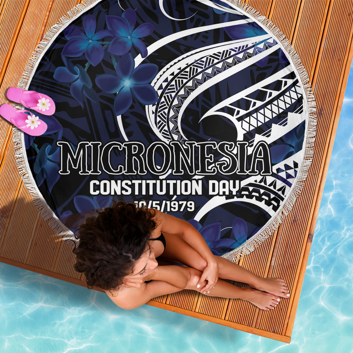 Micronesia Constitution Day Beach Blanket Since 1979 with Polynesian Hibiscus Pattern