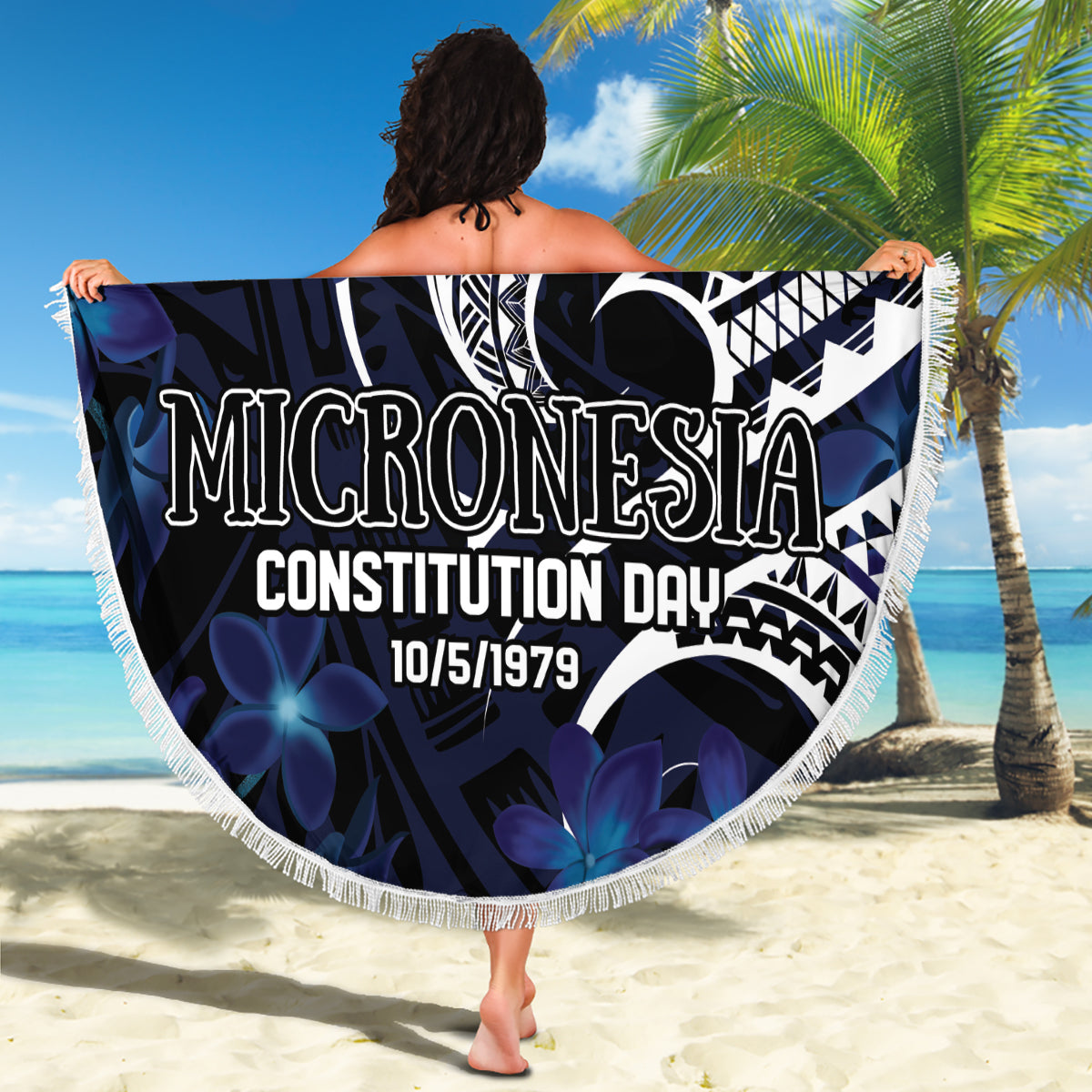 Micronesia Constitution Day Beach Blanket Since 1979 with Polynesian Hibiscus Pattern