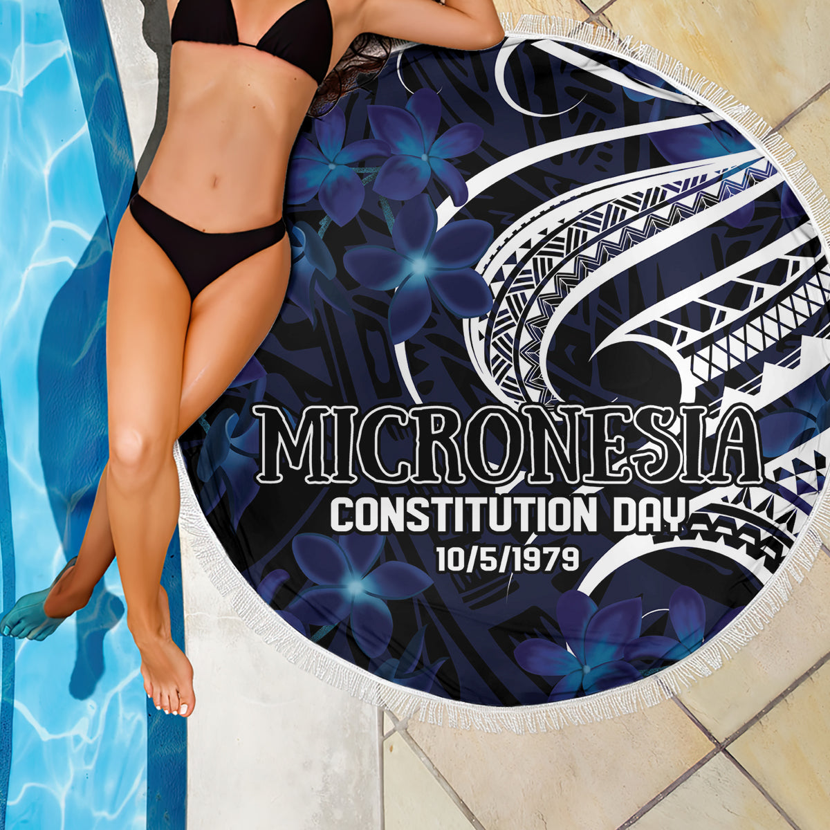 Micronesia Constitution Day Beach Blanket Since 1979 with Polynesian Hibiscus Pattern