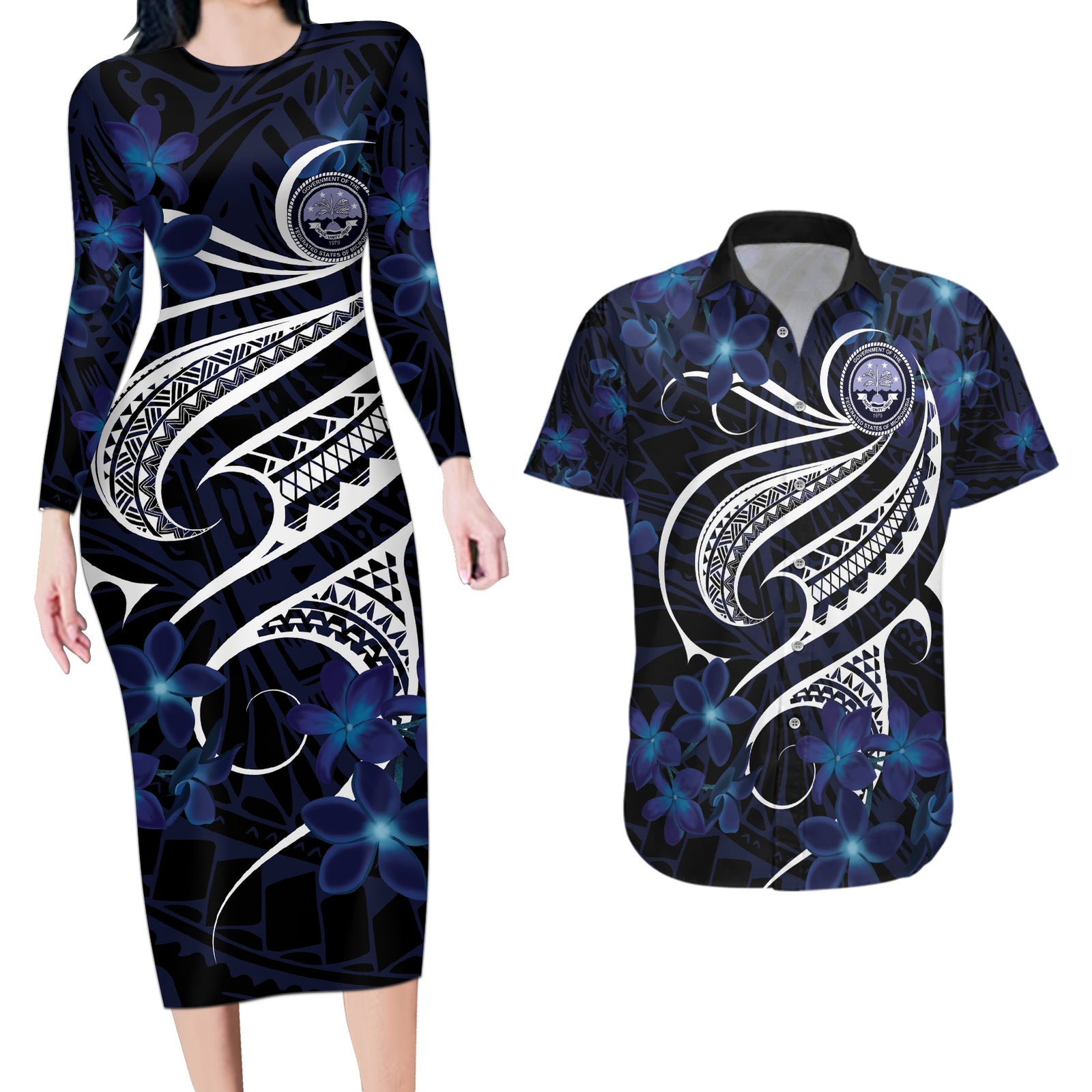 Micronesia Constitution Day Couples Matching Long Sleeve Bodycon Dress and Hawaiian Shirt Since 1979 with Polynesian Hibiscus Pattern LT9 Blue - Polynesian Pride