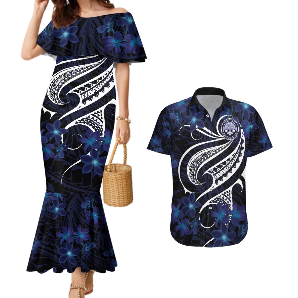 Micronesia Constitution Day Couples Matching Mermaid Dress and Hawaiian Shirt Since 1979 with Polynesian Hibiscus Pattern LT9 Blue - Polynesian Pride