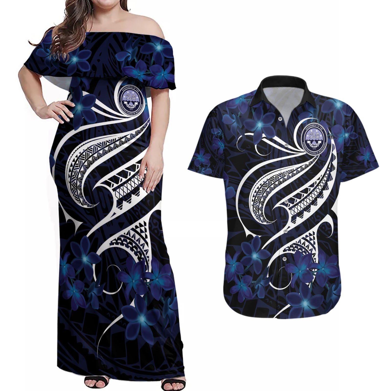 Micronesia Constitution Day Couples Matching Off Shoulder Maxi Dress and Hawaiian Shirt Since 1979 with Polynesian Hibiscus Pattern LT9 Blue - Polynesian Pride