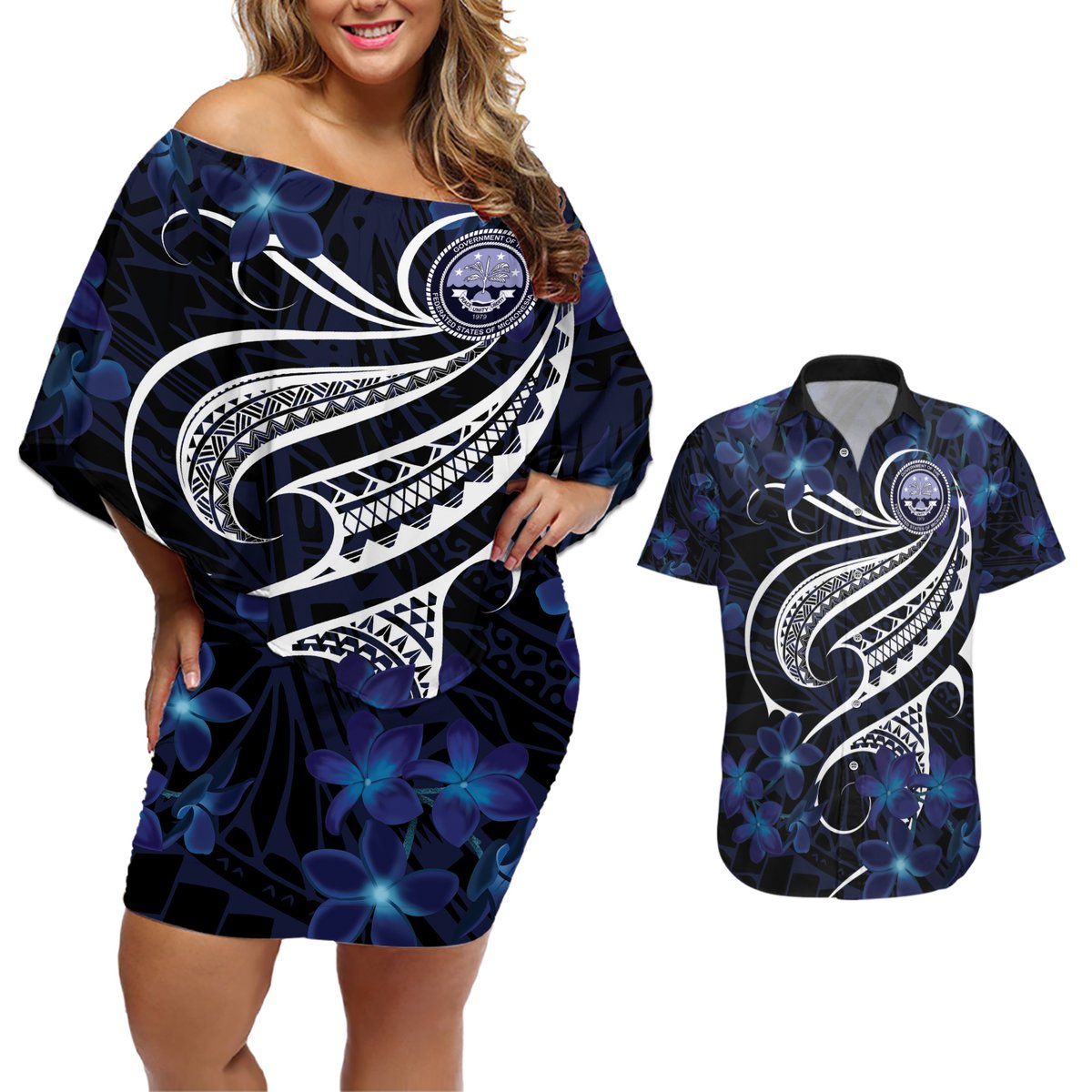 Micronesia Constitution Day Couples Matching Off Shoulder Short Dress and Hawaiian Shirt Since 1979 with Polynesian Hibiscus Pattern LT9 Blue - Polynesian Pride