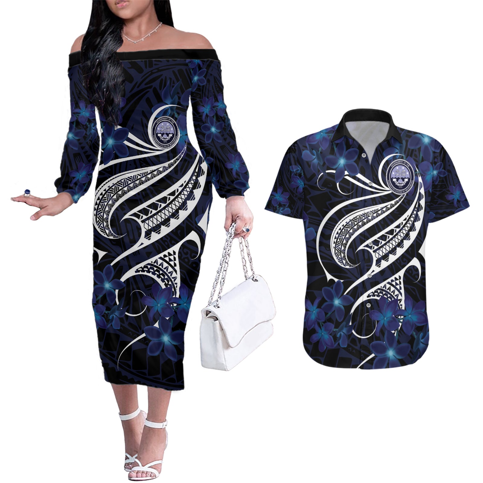 Micronesia Constitution Day Couples Matching Off The Shoulder Long Sleeve Dress and Hawaiian Shirt Since 1979 with Polynesian Hibiscus Pattern LT9 Blue - Polynesian Pride