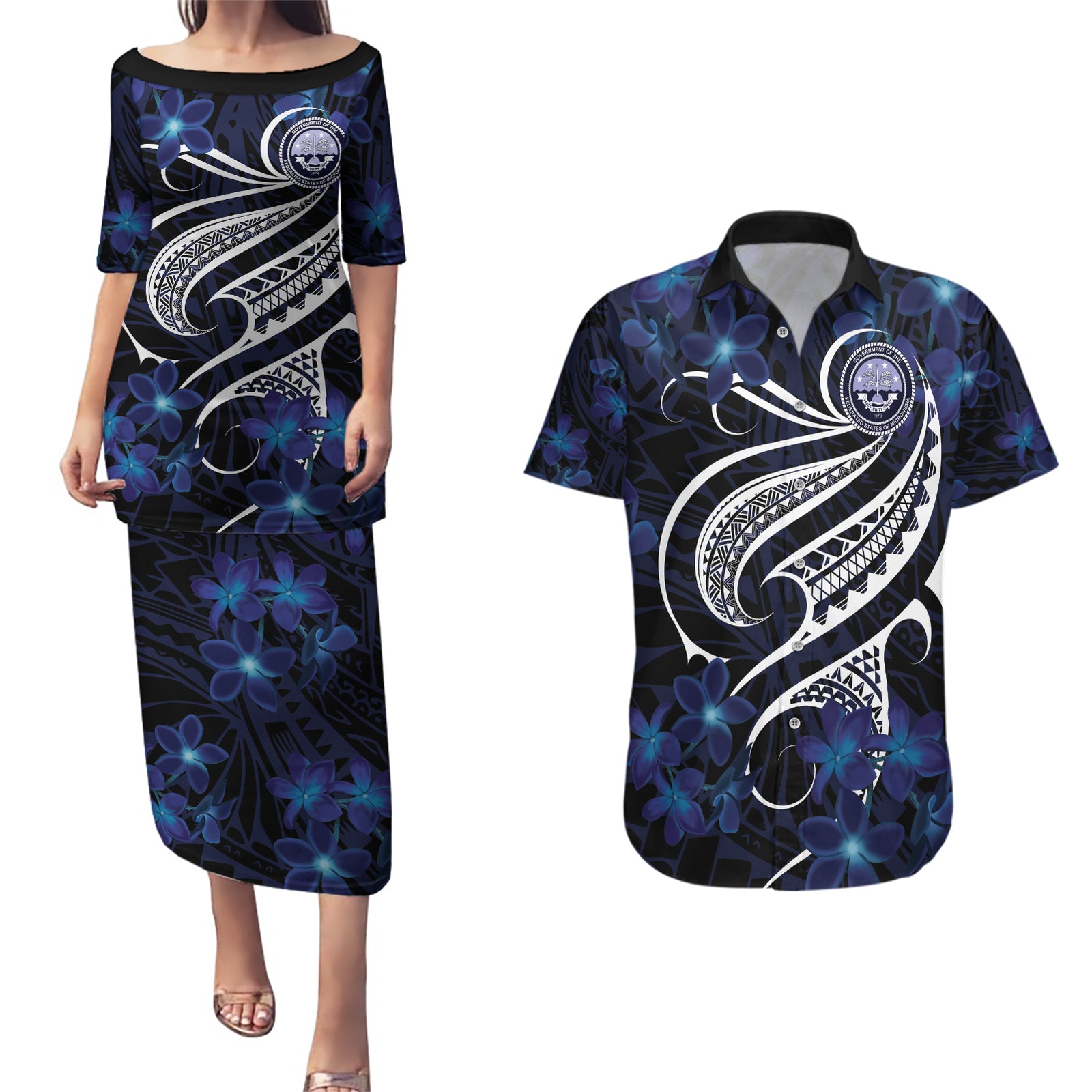 Micronesia Constitution Day Couples Matching Puletasi and Hawaiian Shirt Since 1979 with Polynesian Hibiscus Pattern LT9 Blue - Polynesian Pride
