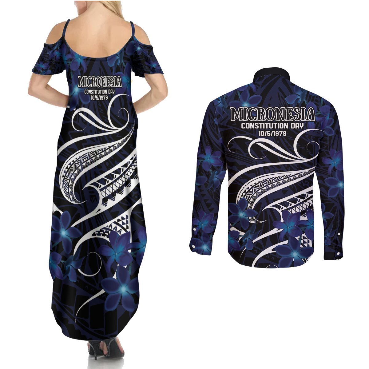 Micronesia Constitution Day Couples Matching Summer Maxi Dress and Long Sleeve Button Shirt Since 1979 with Polynesian Hibiscus Pattern LT9 - Polynesian Pride