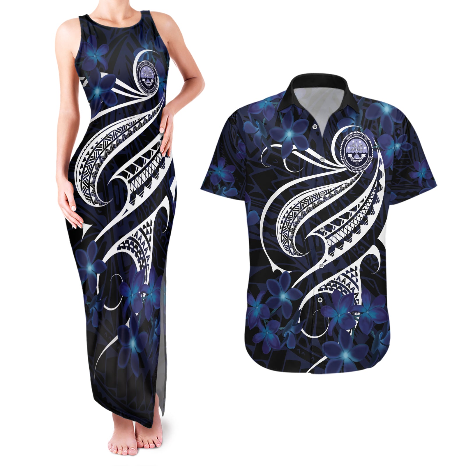 Micronesia Constitution Day Couples Matching Tank Maxi Dress and Hawaiian Shirt Since 1979 with Polynesian Hibiscus Pattern LT9 Blue - Polynesian Pride