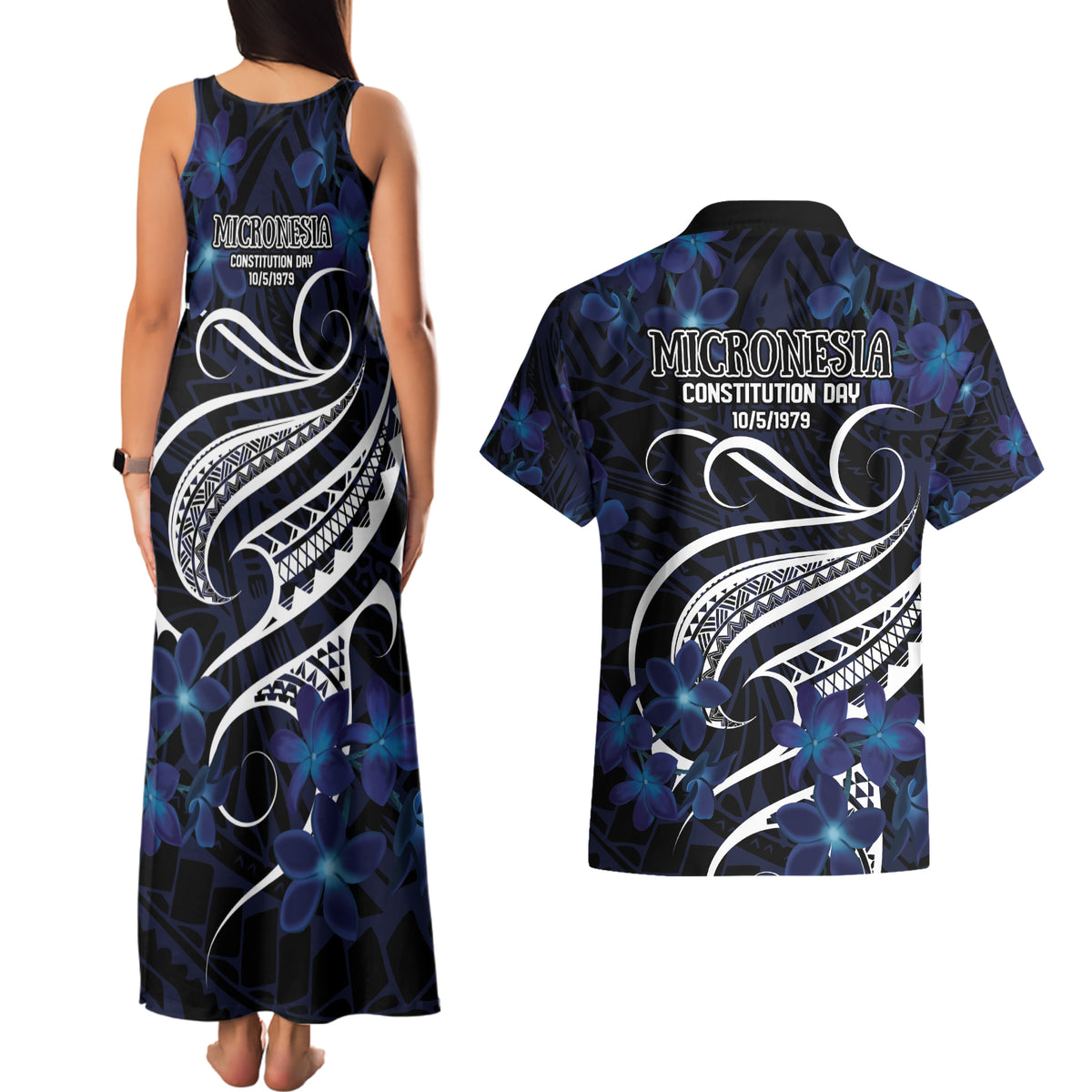 Micronesia Constitution Day Couples Matching Tank Maxi Dress and Hawaiian Shirt Since 1979 with Polynesian Hibiscus Pattern