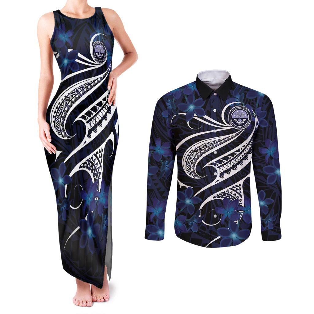 Micronesia Constitution Day Couples Matching Tank Maxi Dress and Long Sleeve Button Shirt Since 1979 with Polynesian Hibiscus Pattern LT9 Blue - Polynesian Pride