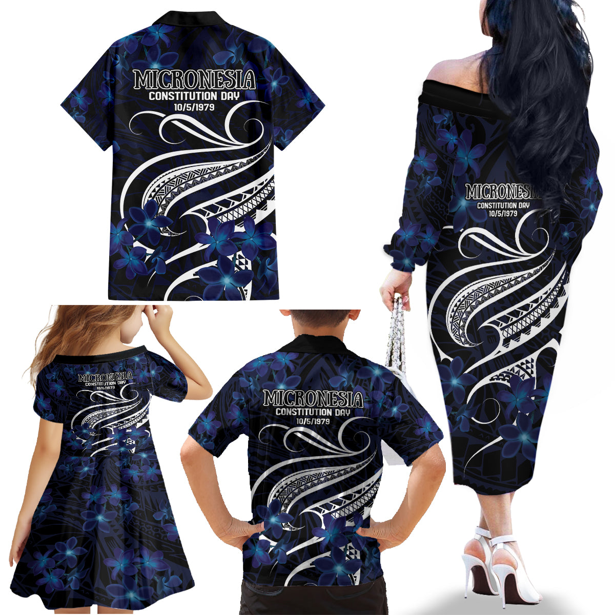 Micronesia Constitution Day Family Matching Off The Shoulder Long Sleeve Dress and Hawaiian Shirt Since 1979 with Polynesian Hibiscus Pattern