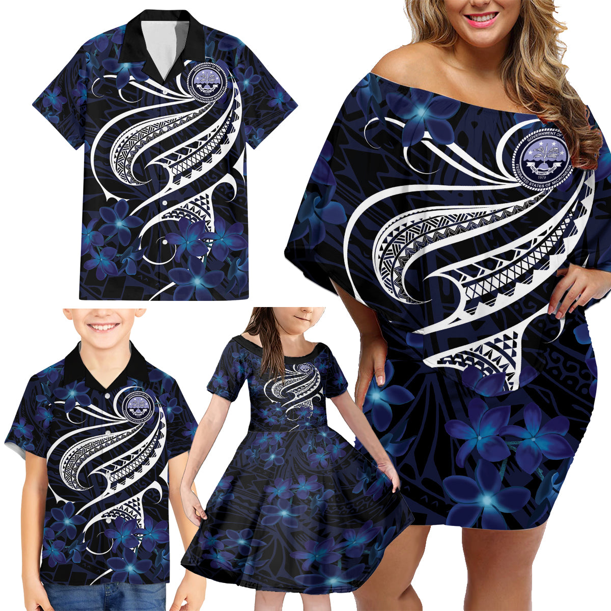 Micronesia Constitution Day Family Matching Off Shoulder Short Dress and Hawaiian Shirt Since 1979 with Polynesian Hibiscus Pattern LT9 - Polynesian Pride