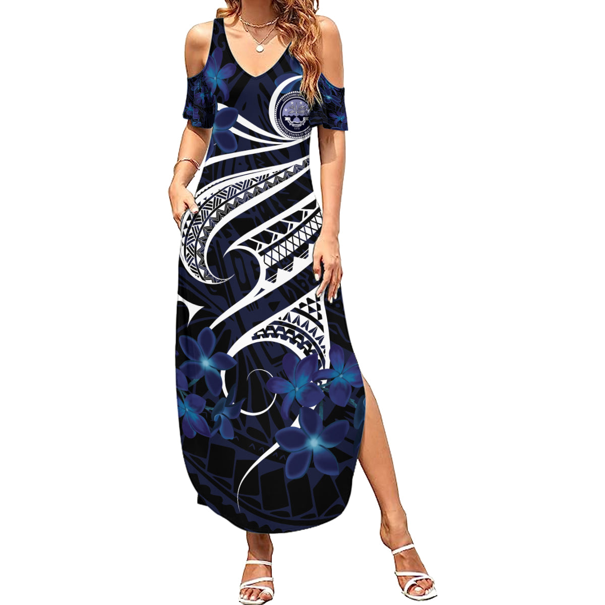 Micronesia Constitution Day Family Matching Summer Maxi Dress and Hawaiian Shirt Since 1979 with Polynesian Hibiscus Pattern LT9 Mom's Dress Blue - Polynesian Pride