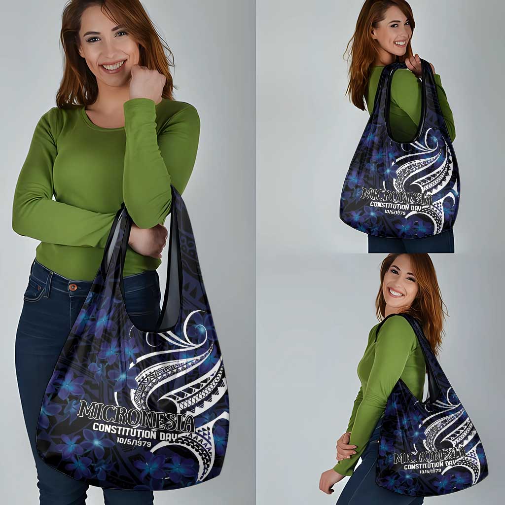 Micronesia Constitution Day Grocery Bag Since 1979 with Polynesian Hibiscus Pattern