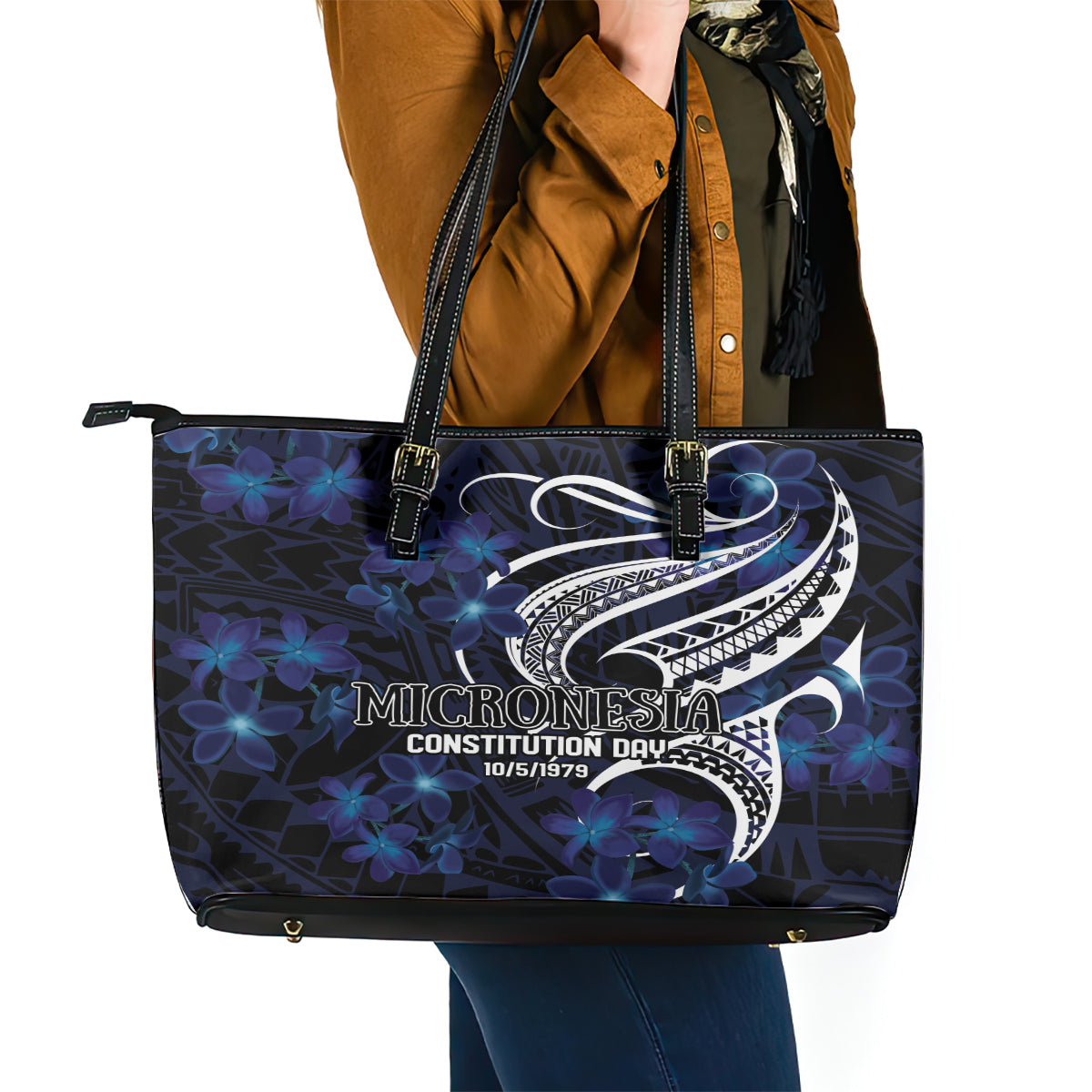 Micronesia Constitution Day Leather Tote Bag Since 1979 with Polynesian Hibiscus Pattern LT9 - Polynesian Pride