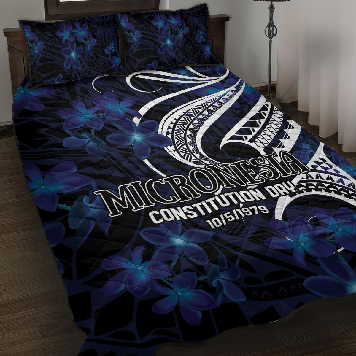 Micronesia Constitution Day Quilt Bed Set Since 1979 with Polynesian Hibiscus Pattern LT9 Blue - Polynesian Pride