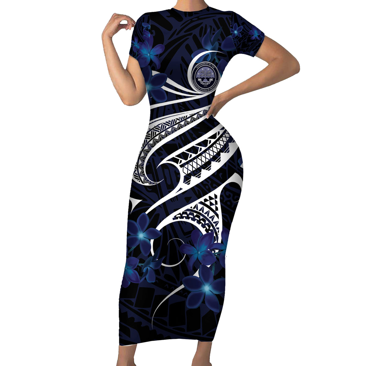 Micronesia Constitution Day Short Sleeve Bodycon Dress Since 1979 with Polynesian Hibiscus Pattern LT9 Long Dress Blue - Polynesian Pride