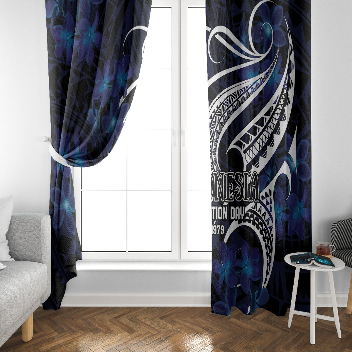 Micronesia Constitution Day Window Curtain Since 1979 with Polynesian Hibiscus Pattern