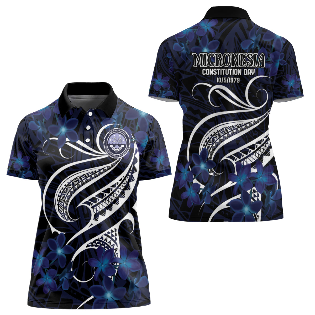 Micronesia Constitution Day Women Polo Shirt Since 1979 with Polynesian Hibiscus Pattern