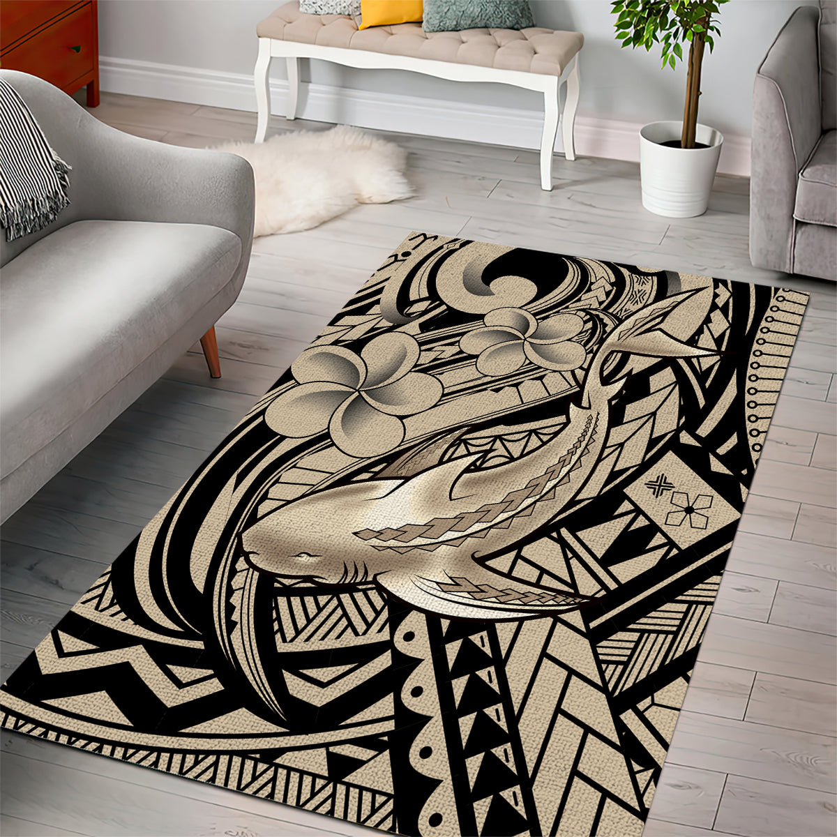 Polynesian Shark Tribal Tattoo Area Rug Beige Style