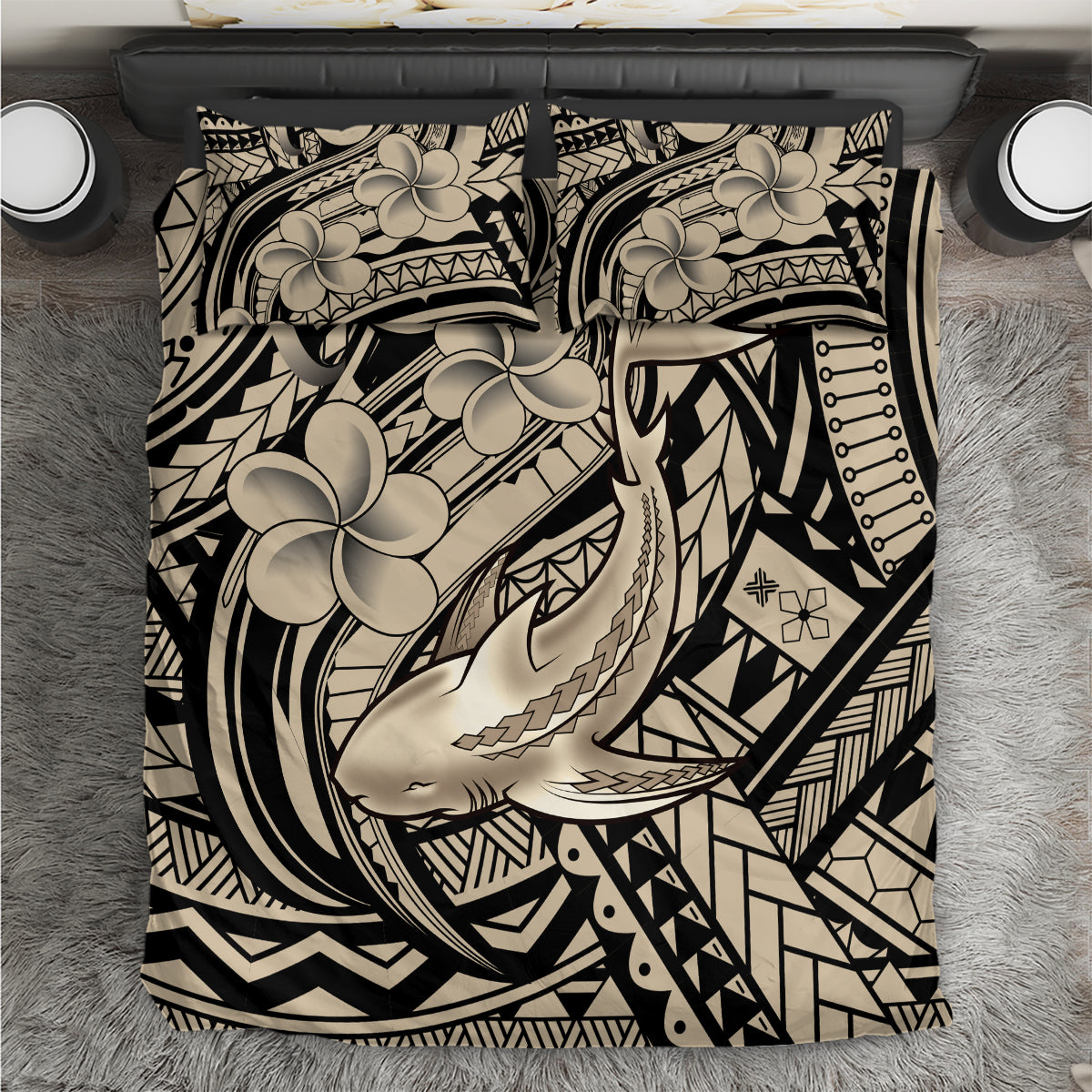 Polynesian Shark Tribal Tattoo Bedding Set Beige Style