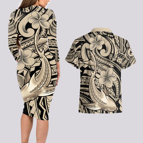 Hawaii Long Sleeve Bodycon Dress Polynesian Shark Tattoo With Plumeria Green Gradient LT14 main image 0