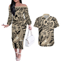 Polynesian Shark Tribal Tattoo Couples Matching Off The Shoulder Long Sleeve Dress and Hawaiian Shirt Beige Style