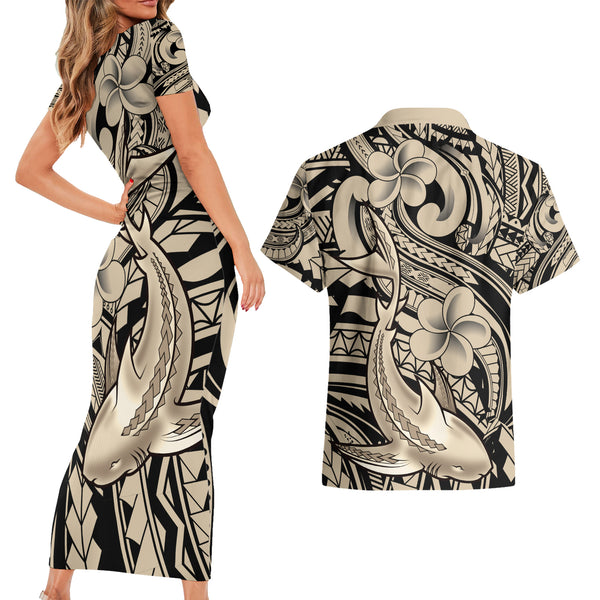 V- neck  print short sleeve custom dress shirts Hawaii Polynesian couple suit