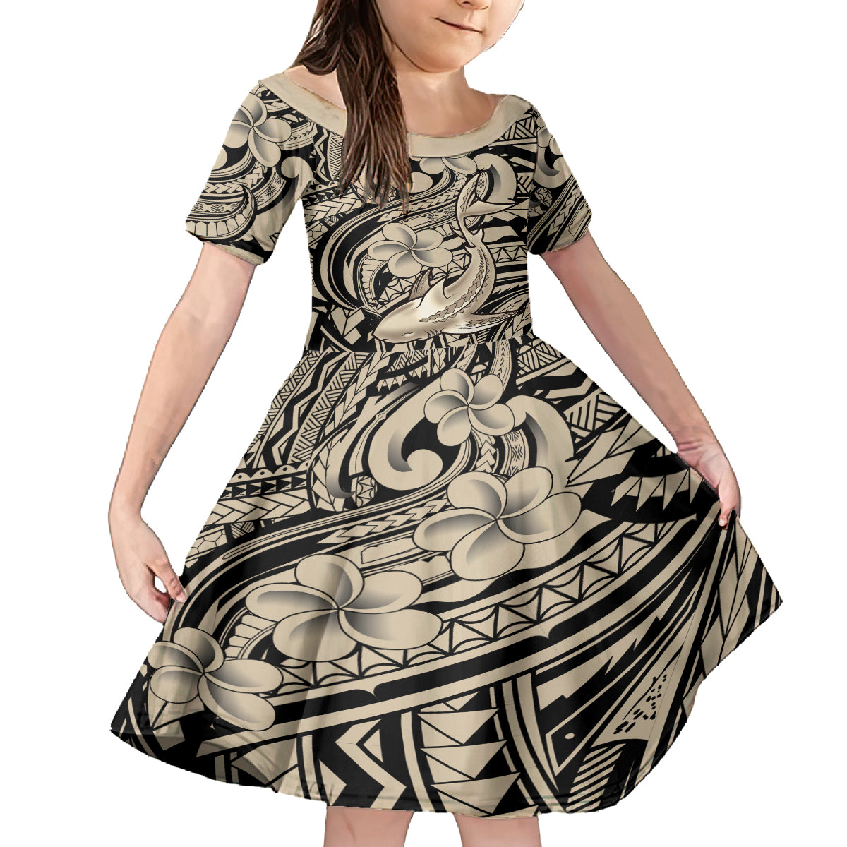 Polynesian Shark Tribal Tattoo Family Matching Off The Shoulder Long Sleeve Dress and Hawaiian Shirt Beige Style LT9 Daughter's Dress Beige - Polynesian Pride